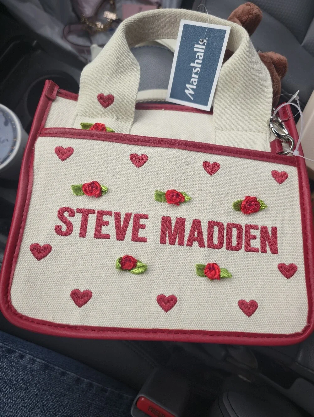 Steve Madden Cream and Red Embroidered Mini Tote